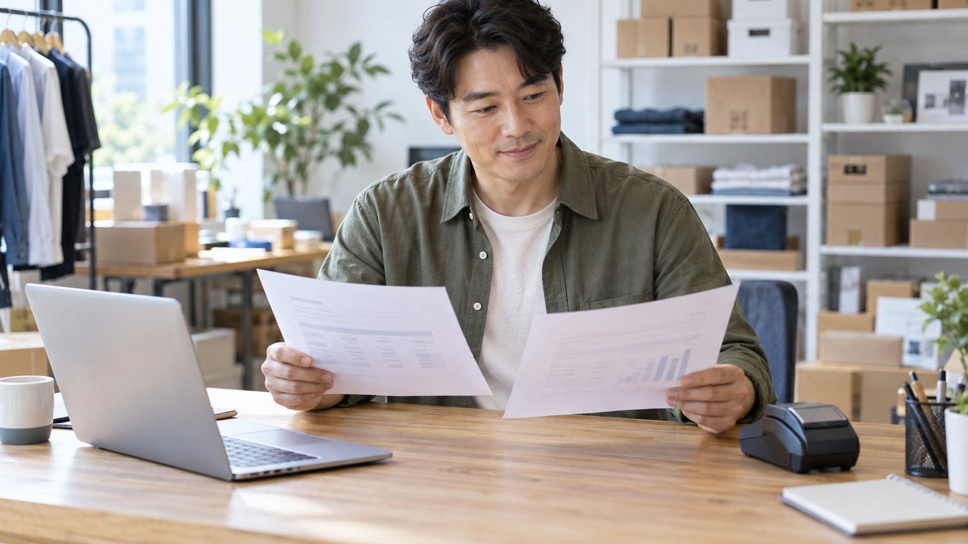 PG가입 · 남자 직원이 서류와 노트북 옆 단말기를 확인하는 장면(연출 사진)