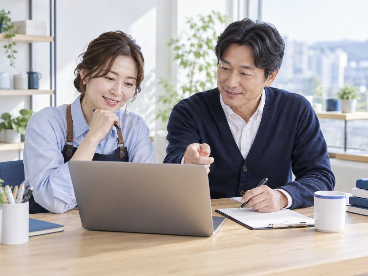PG가입 · 남녀가 노트북을 보며 상담하는 장면(연출 사진)
